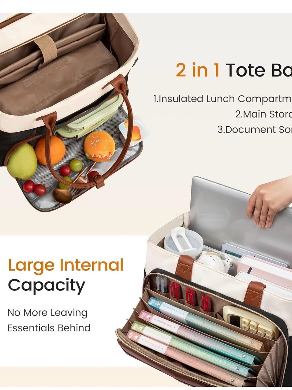 2-in-1 Cream and Brown Tote Bag with Tan Handles